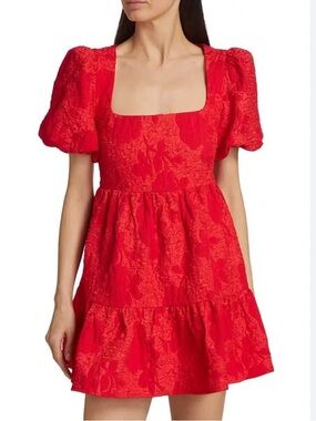 As It May Claudia Babydoll Minidress red jacquard bubble puff sleeves medium